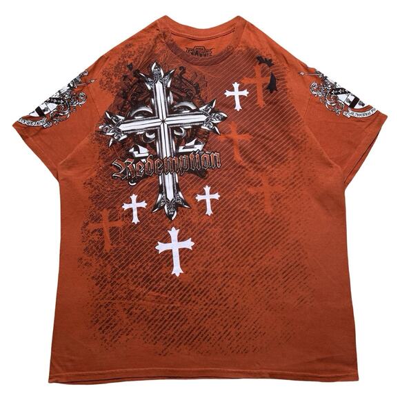 Vintage MMA Elite Men's Graphic T-Shirt Redemption Size XL Orange Y2K Cross - Picture 1 of 7